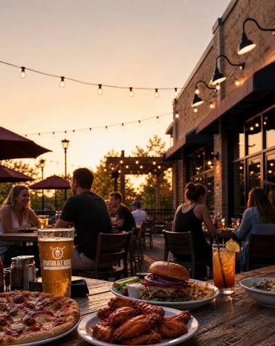 Patio dining at dusk in Boise