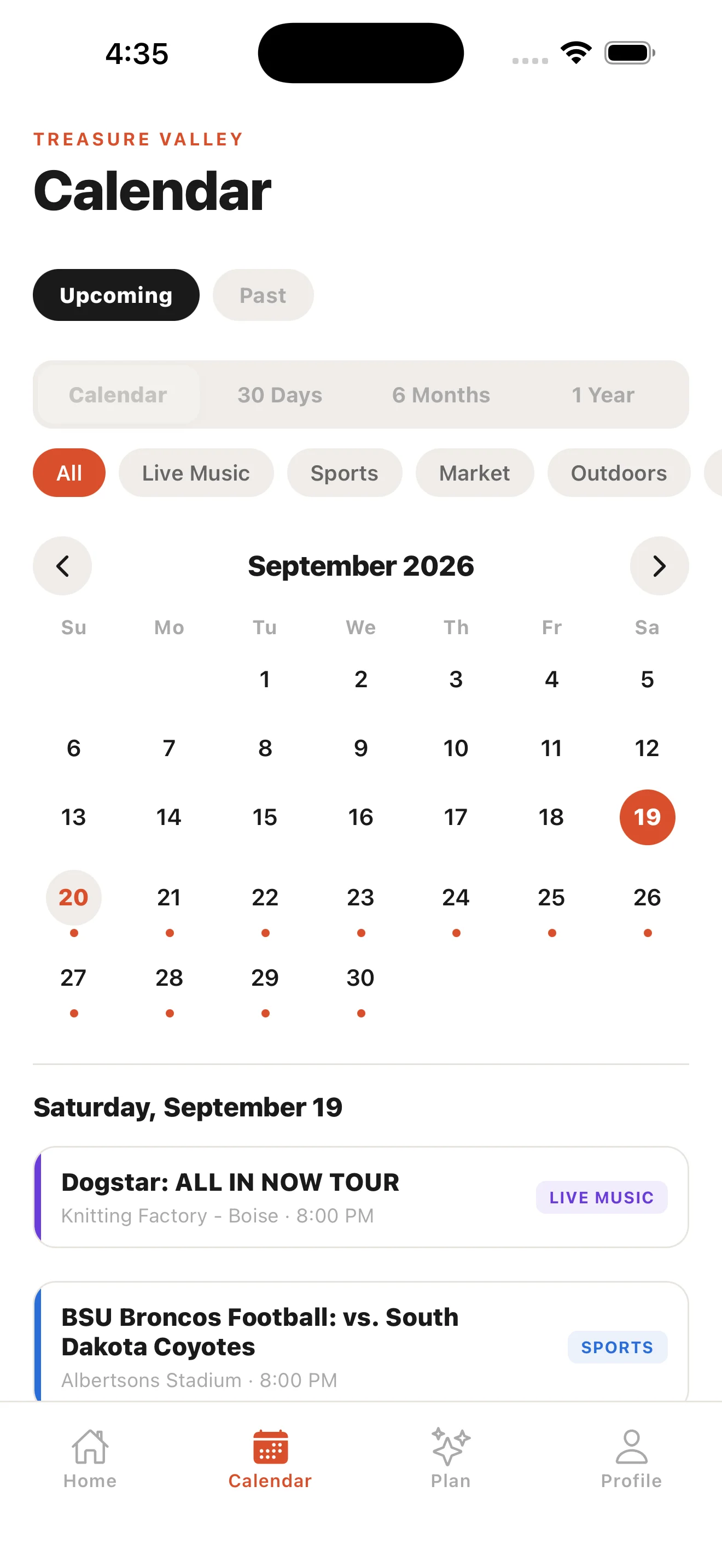Calendar view showing every event in the valley in one place