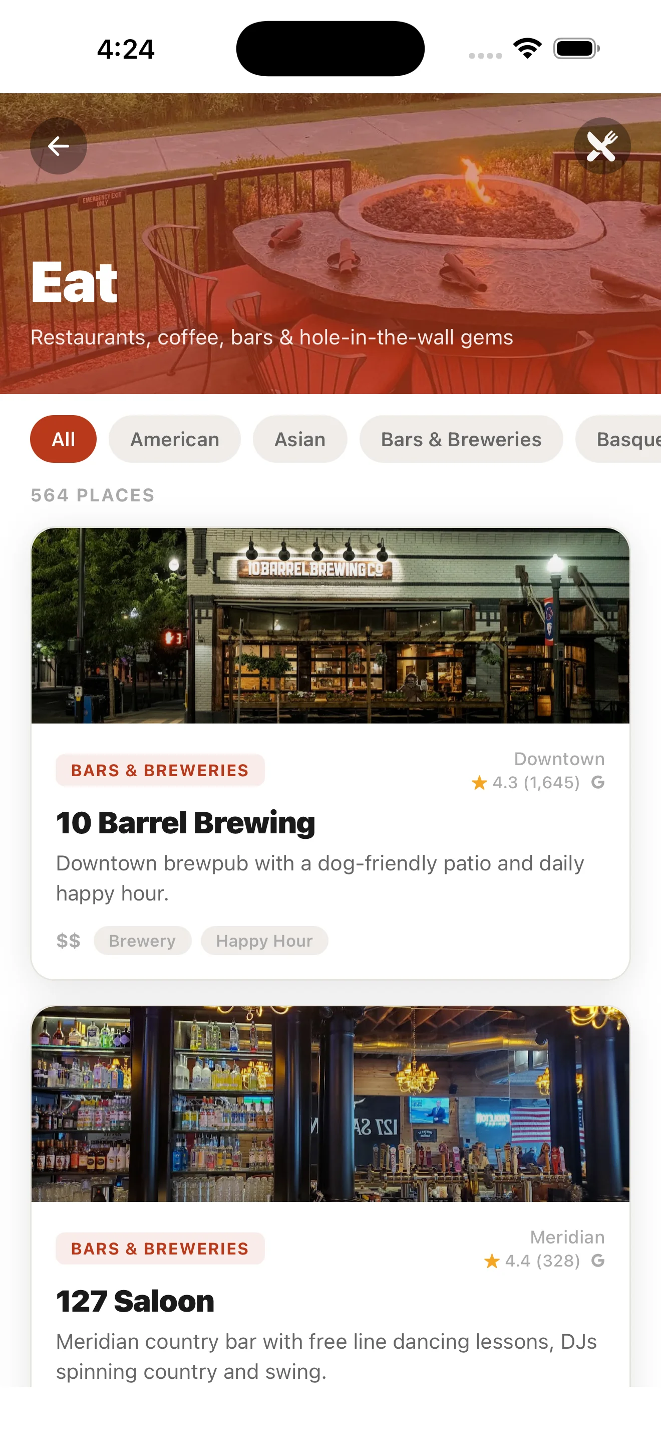 Eat category showing restaurants across the Treasure Valley