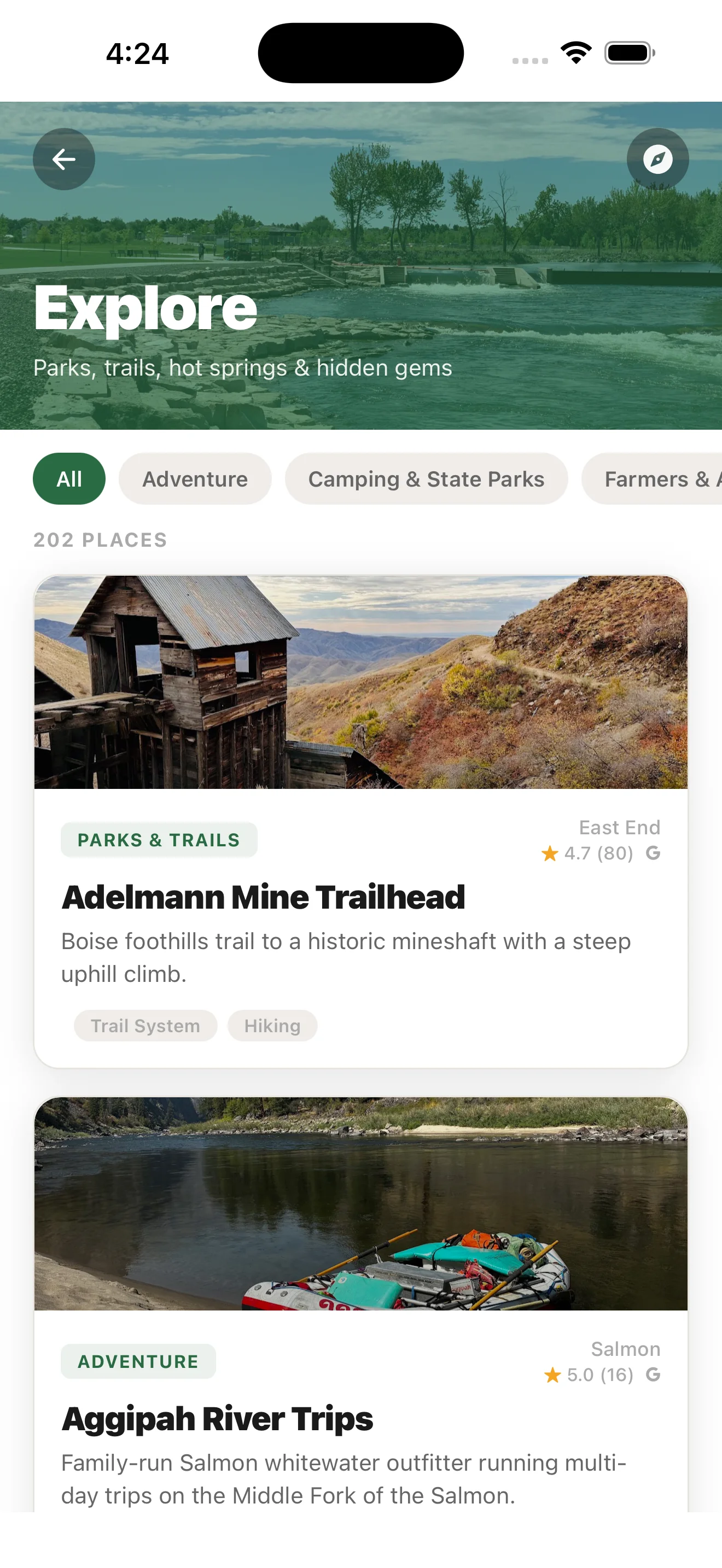 Explore category showing parks, trails, and hidden gems