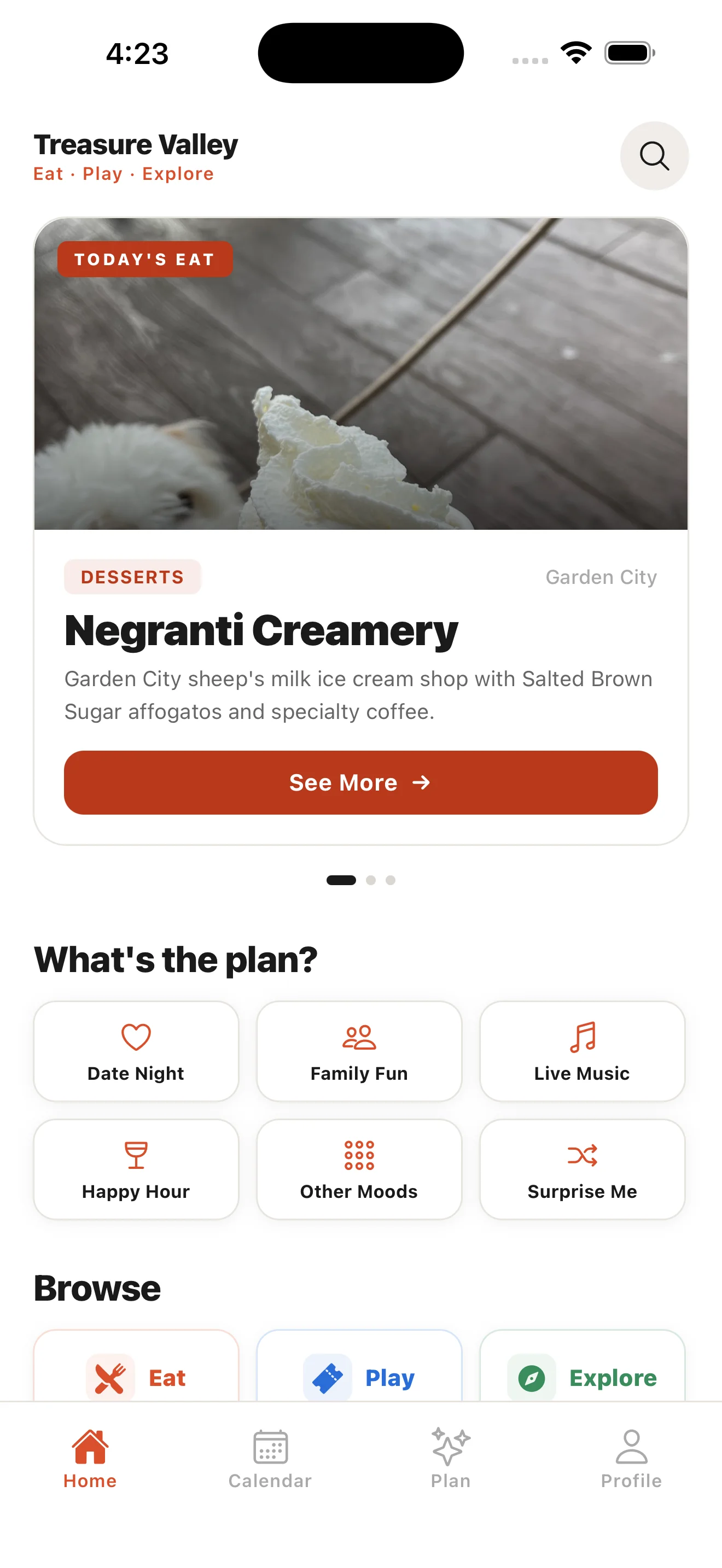 Treasure Valley App home screen showing today's featured restaurant and mood-based browsing