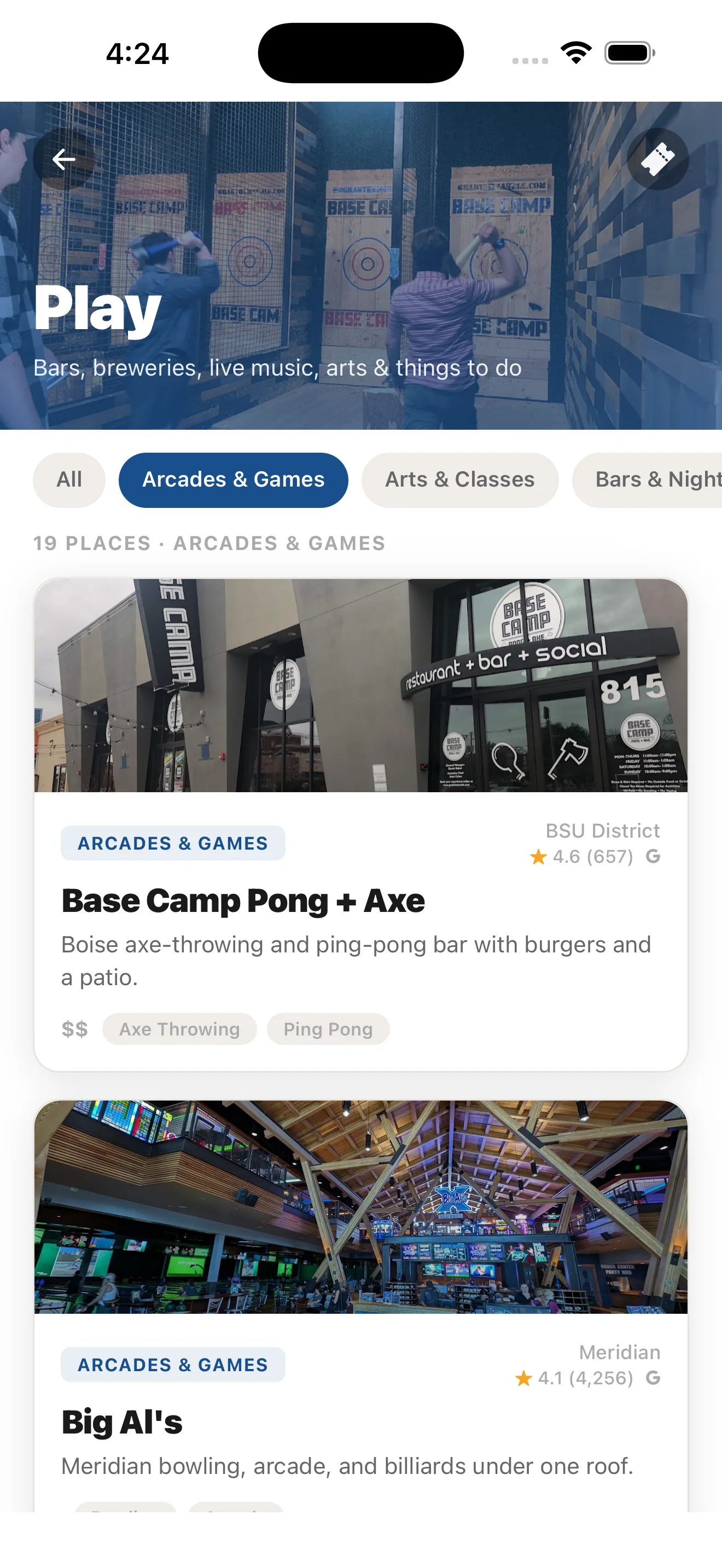 Play category showing bars, breweries, live music, and things to do